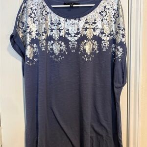 Blue Short Sleeve Tunic with Silver Foil Detail